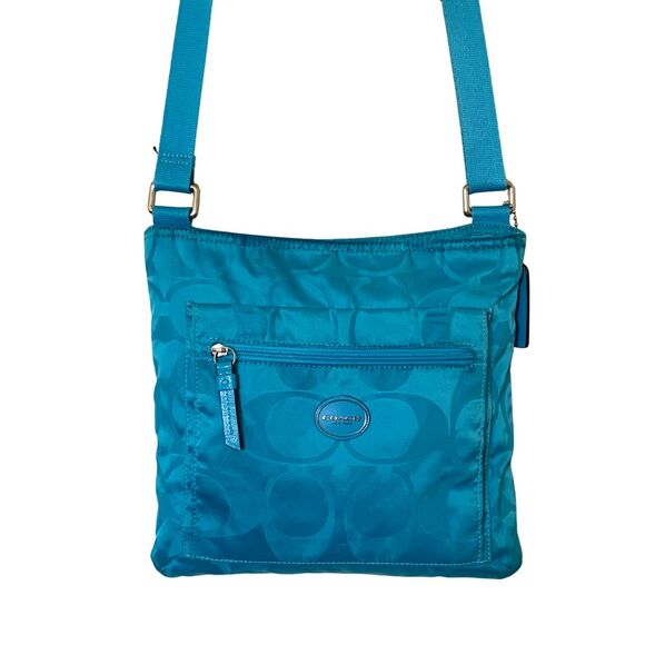 Coach Monogram Getaway File Bag Teal Nylon Crossbody - Picture 3 of 14